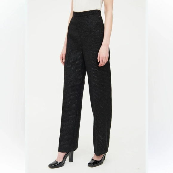 Jason Wu Black Shine Tweed Pleated Trouser straight wide Pants Dark Academia 6 S - Picture 4 of 11
